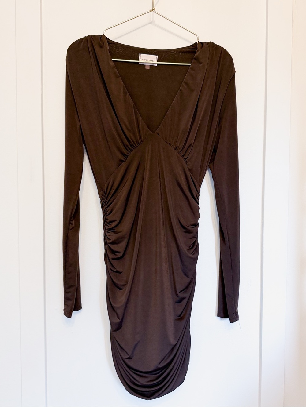 Ruched V-Neck Long Sleeve Mini Dress in Brown